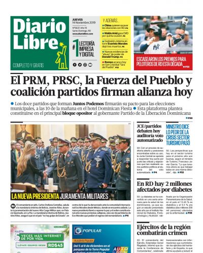 Portada Periódico Diario Libre, Jueves 14 de Noviembre, 2019