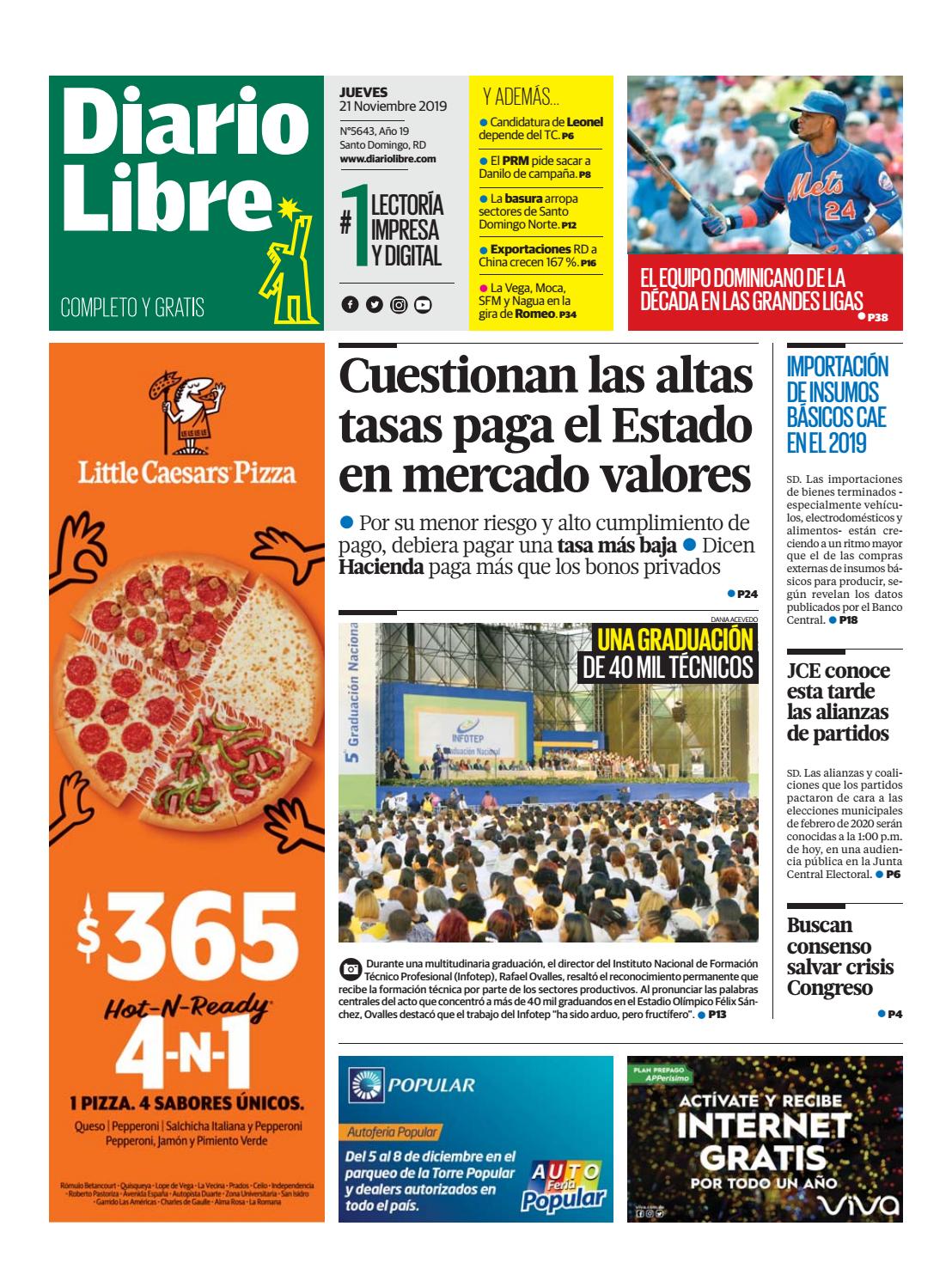 Portada Periódico Diario Libre, Jueves 21 de Noviembre, 2019
