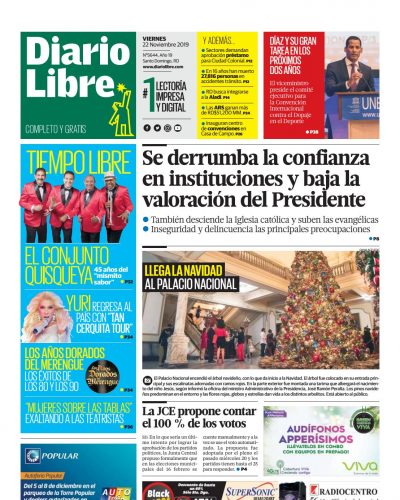 Portada Periódico Diario Libre, Jueves 22 de Noviembre, 2019