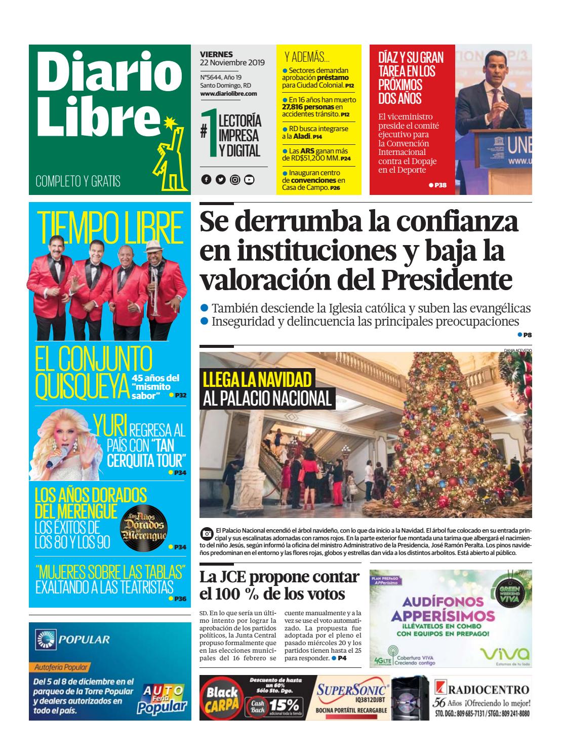 Portada Periódico Diario Libre, Jueves 22 de Noviembre, 2019