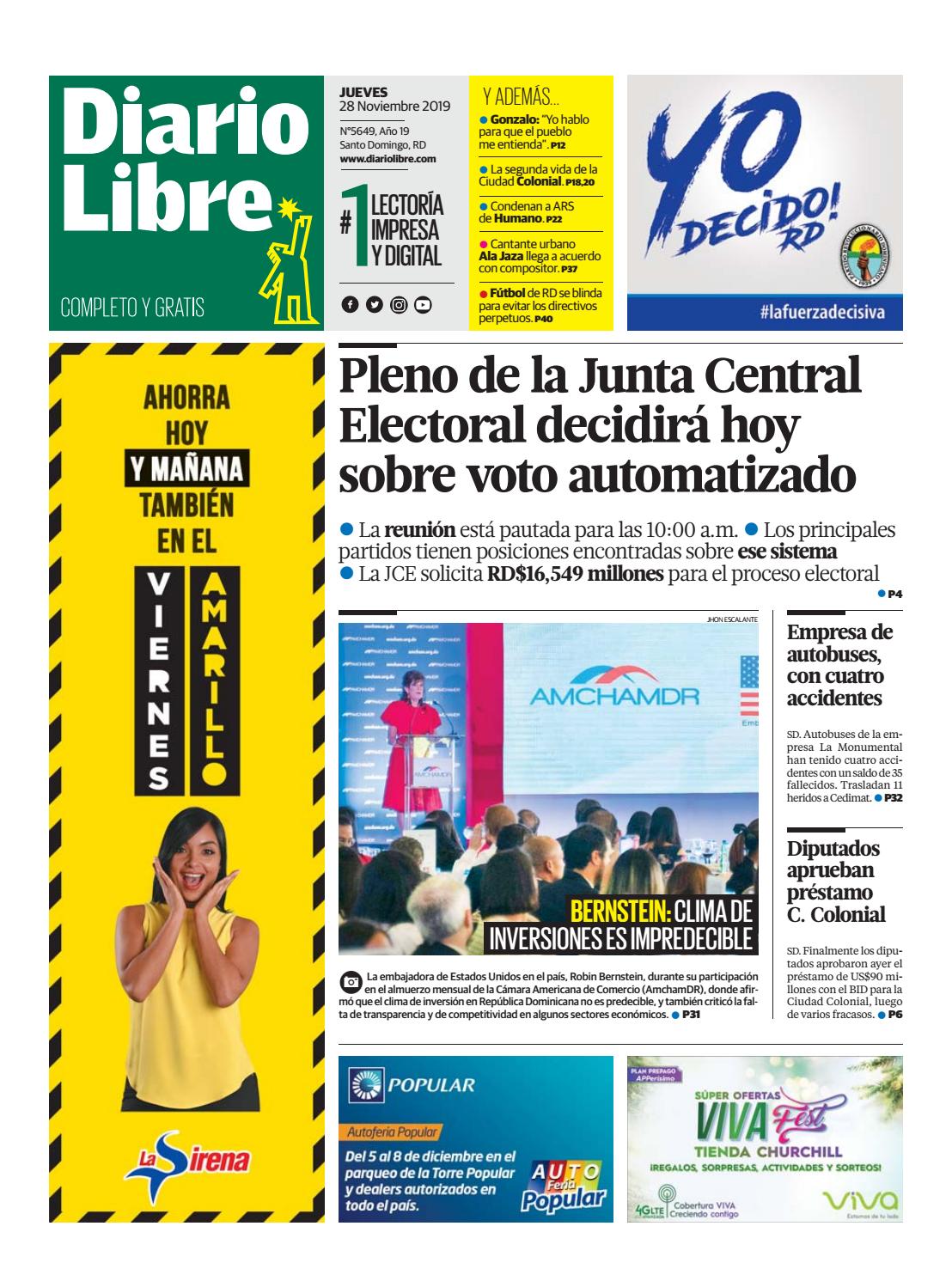 Portada Periódico Diario Libre, Jueves 28 de Noviembre, 2019