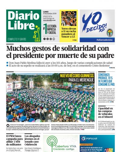 Portada Periódico Diario Libre, Lunes 04 de Noviembre, 2019