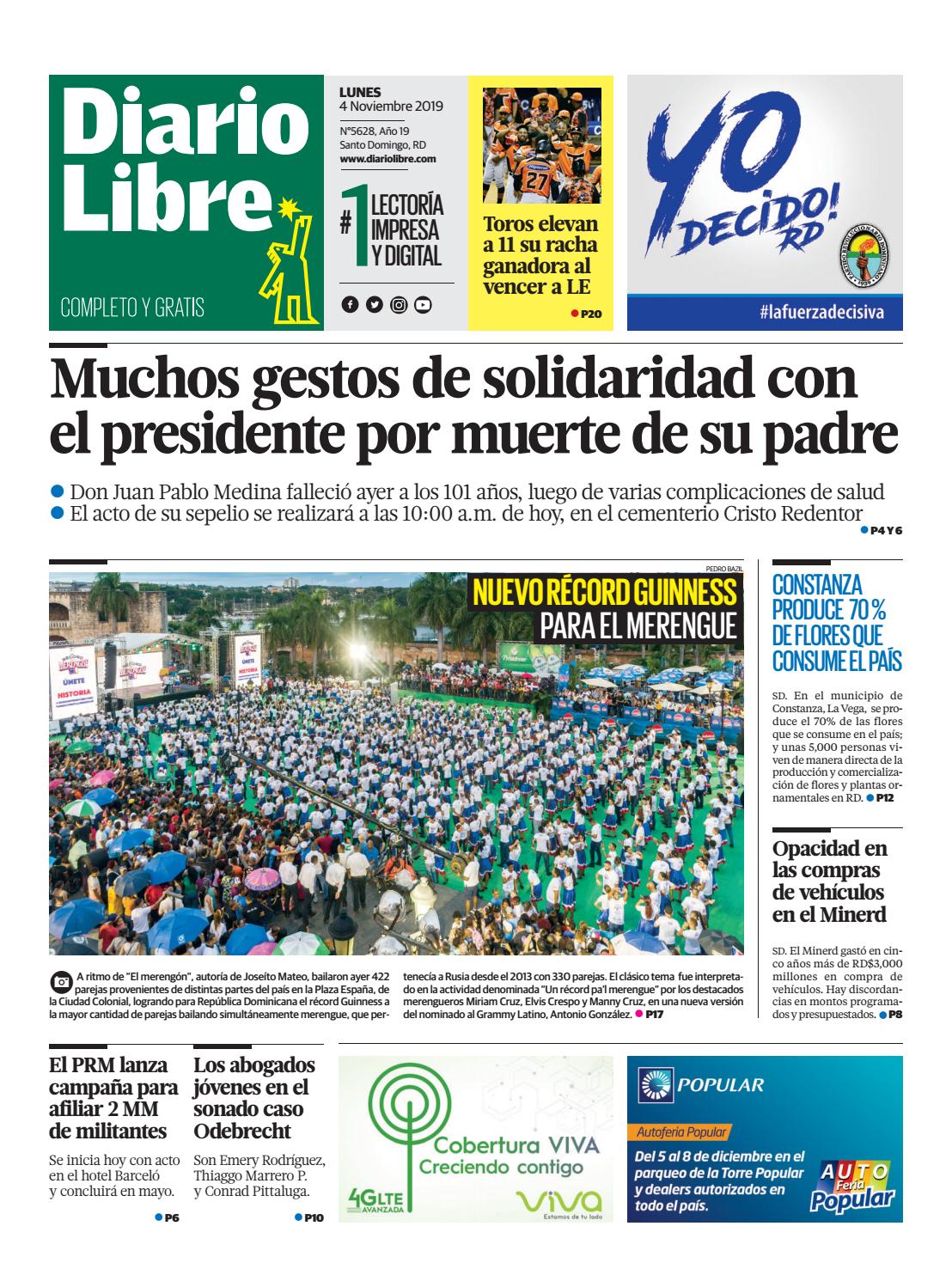 Portada Periódico Diario Libre, Lunes 04 de Noviembre, 2019