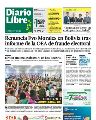 Portada Periódico Diario Libre, Lunes 11 de Noviembre, 2019