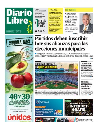 Portada Periódico Diario Libre, Lunes 18 de Noviembre, 2019