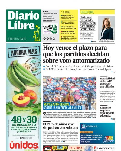 Portada Periódico Diario Libre, Lunes 25 de Noviembre, 2019