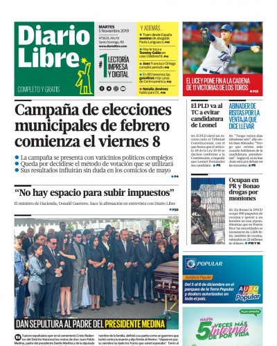 Portada Periódico Diario Libre, Martes 05 de Noviembre, 2019