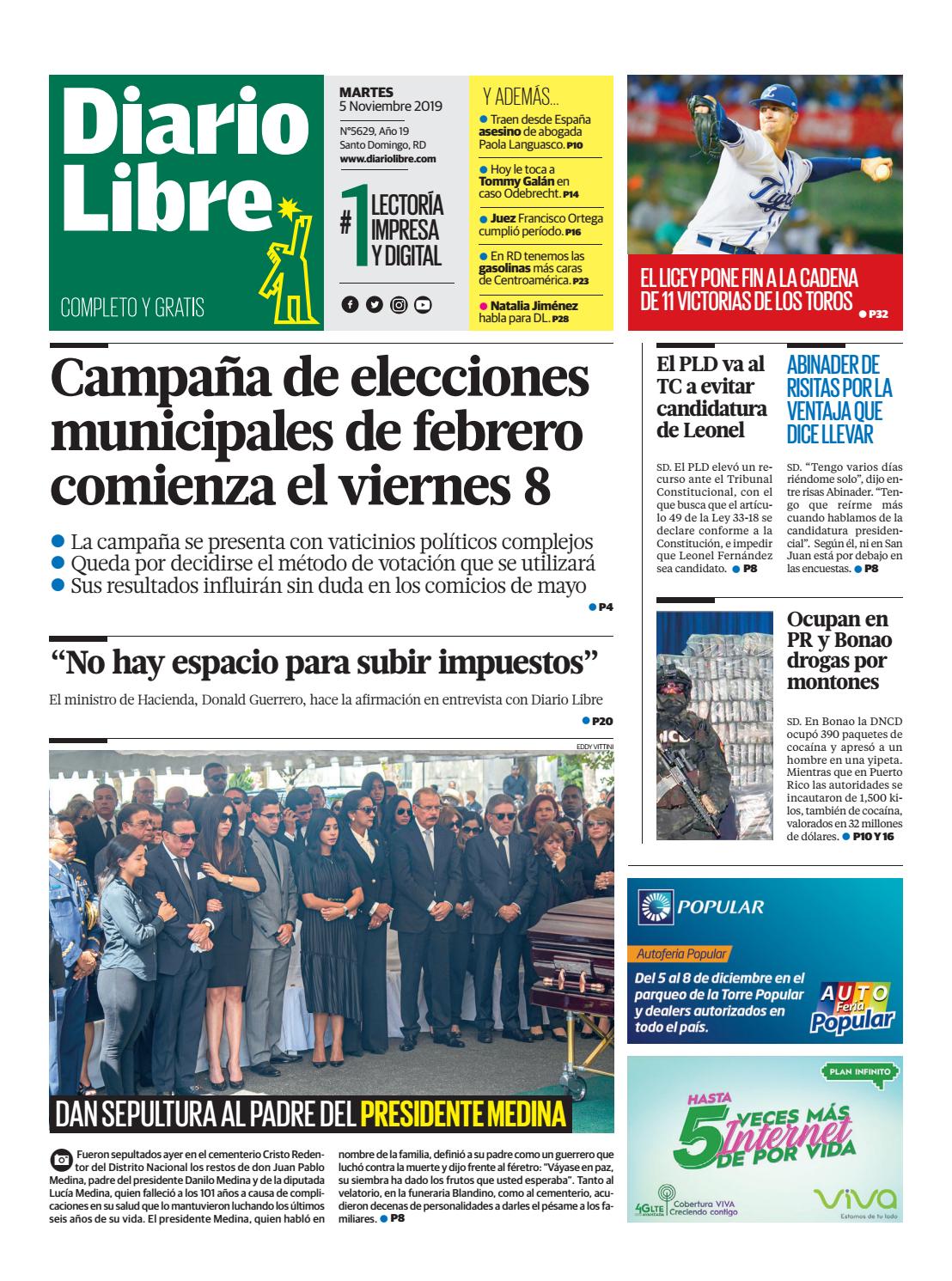 Portada Periódico Diario Libre, Martes 05 de Noviembre, 2019