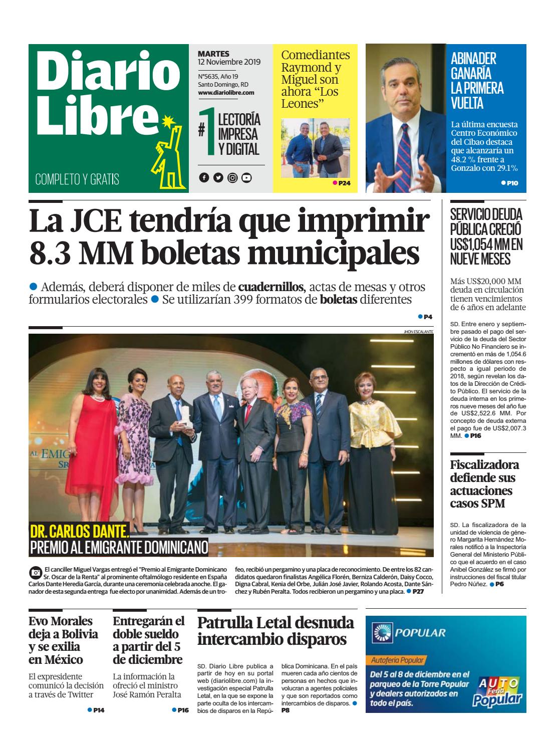 Portada Periódico Diario Libre, Martes 12 de Noviembre, 2019