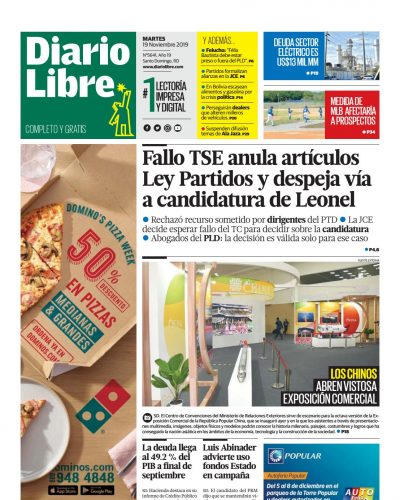 Portada Periódico El Nuevo Diario, Martes 19 de Noviembre, 2019