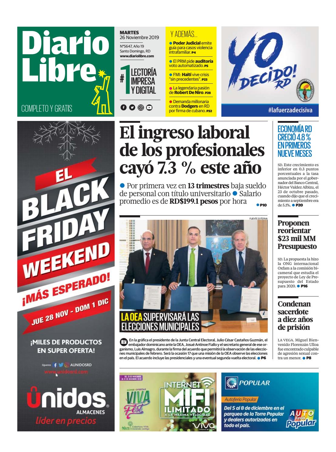 Portada Periódico Diario Libre, Martes 26 de Noviembre, 2019