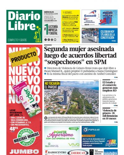 Portada Periódico Diario Libre, Miércoles 06 de Noviembre, 2019