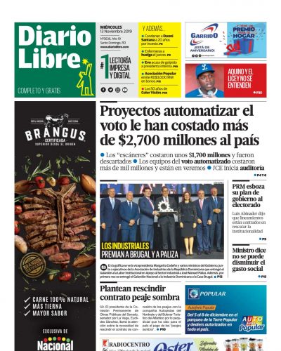 Portada Periódico Diario Libre, Miércoles 13 de Noviembre, 2019