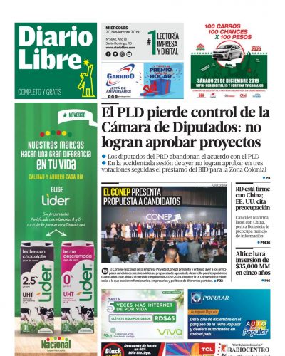 Portada Periódico Diario Libre, Miércoles 20 de Noviembre, 2019