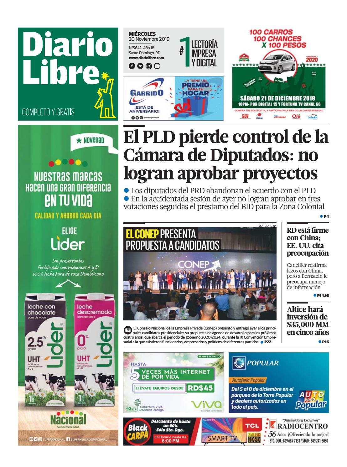 Portada Periódico Diario Libre, Miércoles 20 de Noviembre, 2019