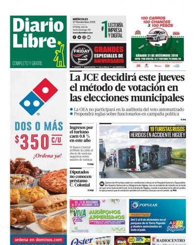 Portada Periódico Diario Libre, Miércoles 27 de Noviembre, 2019
