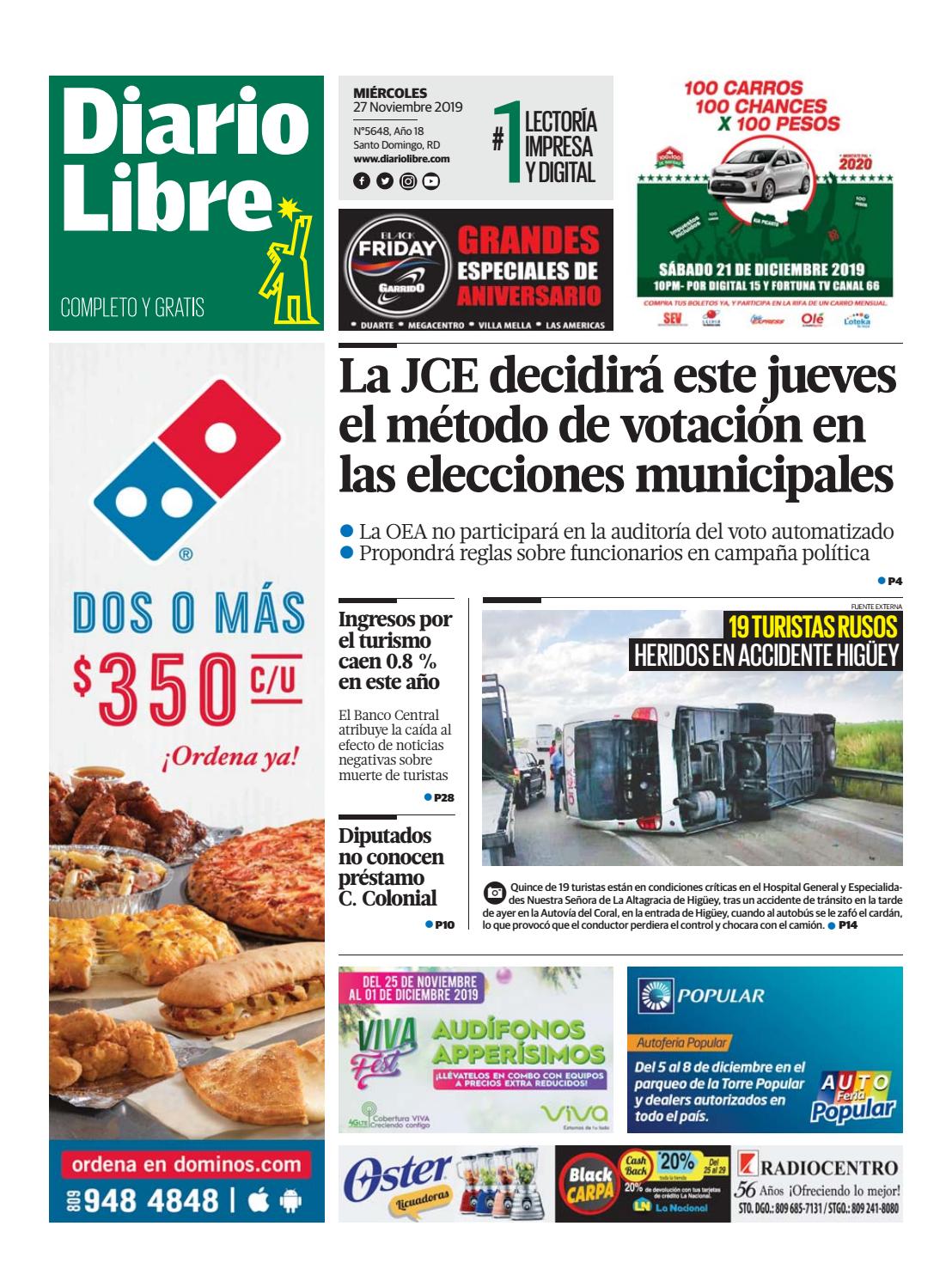 Portada Periódico Diario Libre, Miércoles 27 de Noviembre, 2019