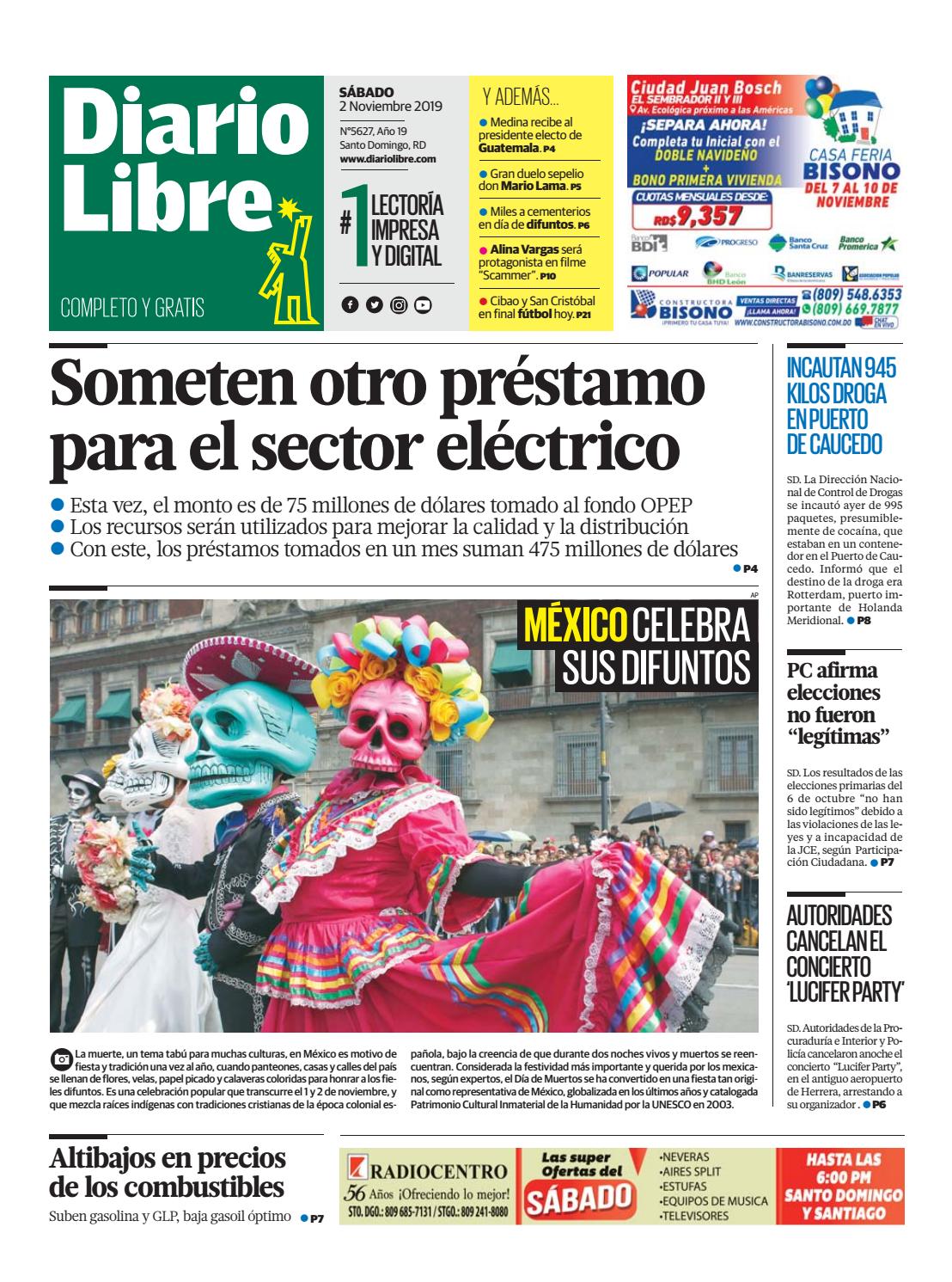 Portada Periódico Diario Libre, Sábado 02 de Noviembre, 2019