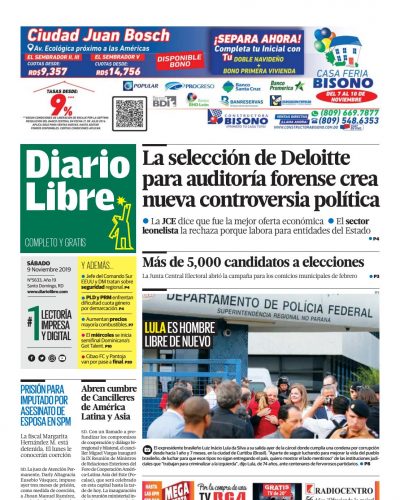 Portada Periódico Diario Libre, Sábado 09 de Noviembre, 2019