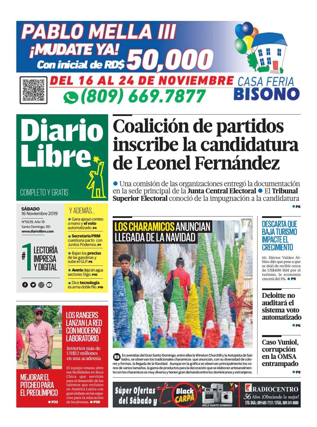 Portada Periódico Diario Libre, Sábado 16 de Noviembre, 2019