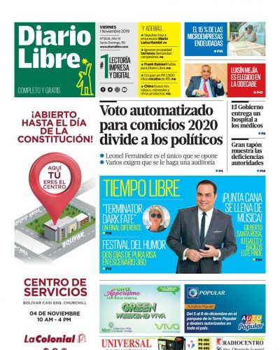 Portada Periódico Diario Libre, Viernes 01 de Noviembre, 2019