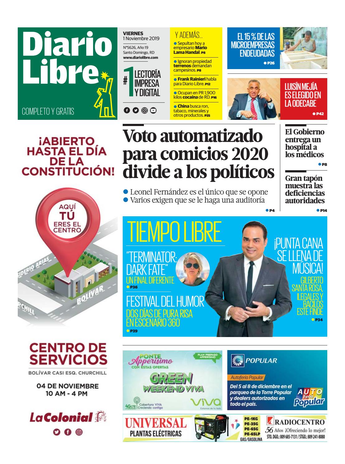 Portada Periódico Diario Libre, Viernes 01 de Noviembre, 2019