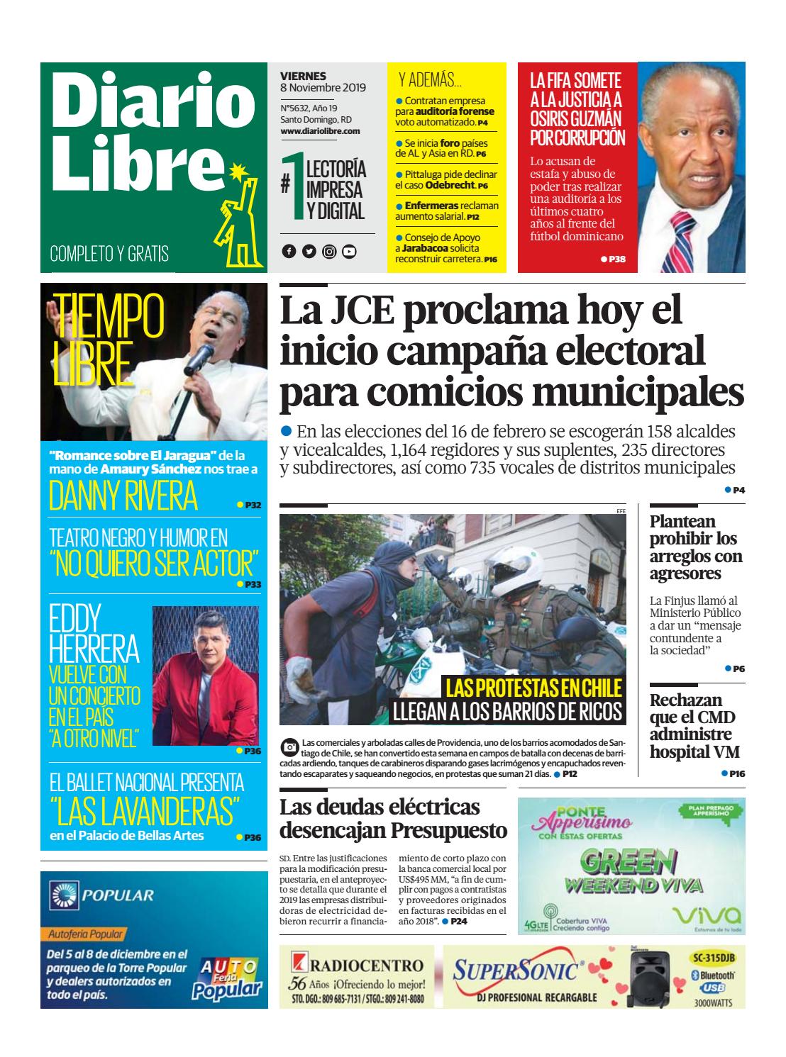 Portada Periódico Diario Libre, Viernes 08 de Noviembre, 2019