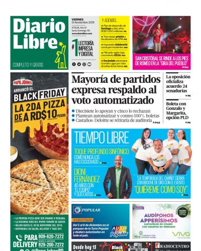 Portada Periódico Diario Libre, Viernes 15 de Noviembre, 2019