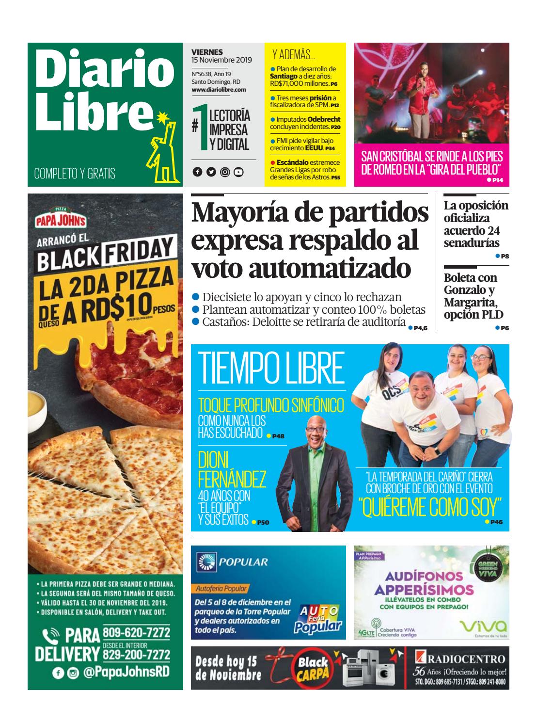 Portada Periódico Diario Libre, Viernes 15 de Noviembre, 2019