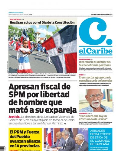 Portada Periódico El Caribe, Jueves 07 de Noviembre, 2019
