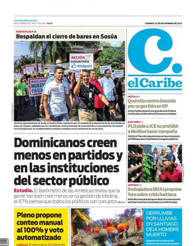 Portada Periódico El Caribe, Jueves 22 de Noviembre, 2019