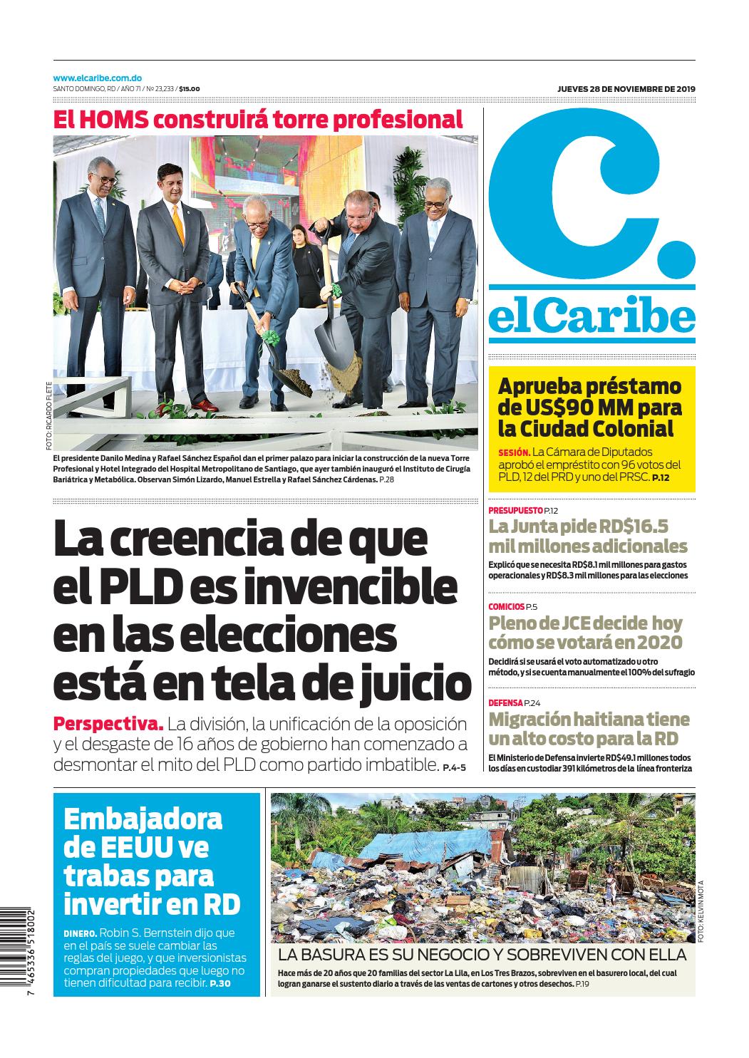 Portada Periódico El Caribe, Jueves 28 de Noviembre, 2019