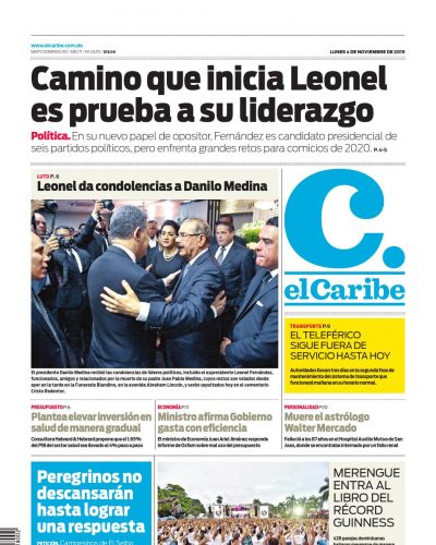 Portada Periódico El Caribe, Lunes 04 de Noviembre, 2019