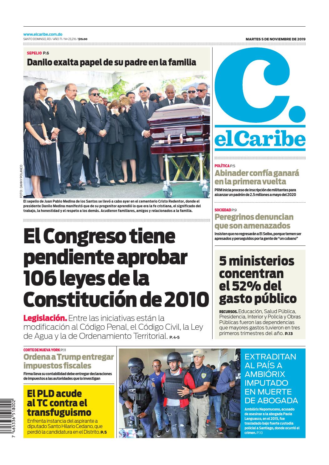 Portada Periódico El Caribe, Martes 05 de Noviembre, 2019