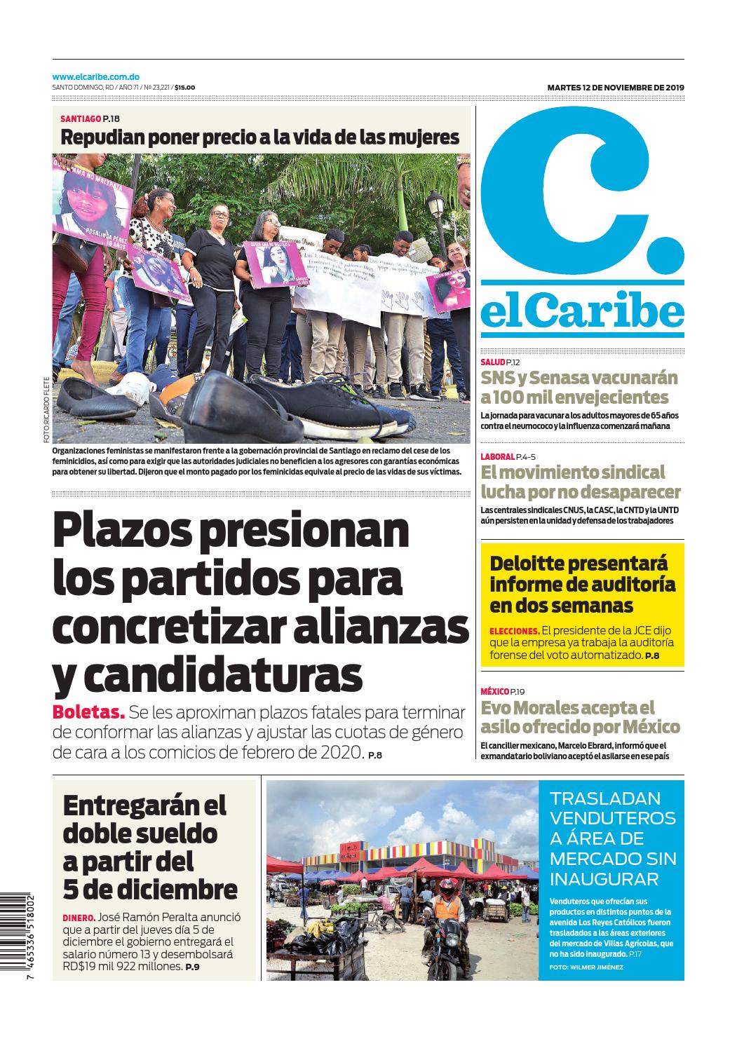 Portada Periódico El Caribe, Martes 12 de Noviembre, 2019