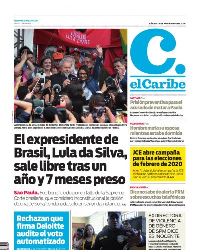 Portada Periódico El Caribe, Sábado 09 de Noviembre, 2019