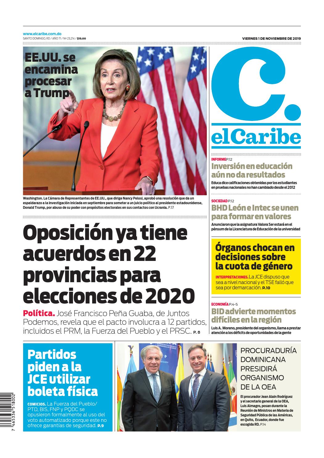 Portada Periódico El Caribe, Viernes 01 de Noviembre, 2019