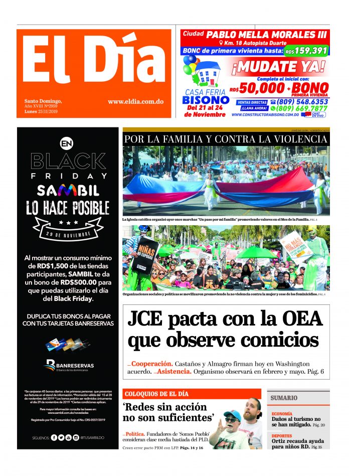 Portada Periódico El Día, Lunes 25 de Noviembre, 2019