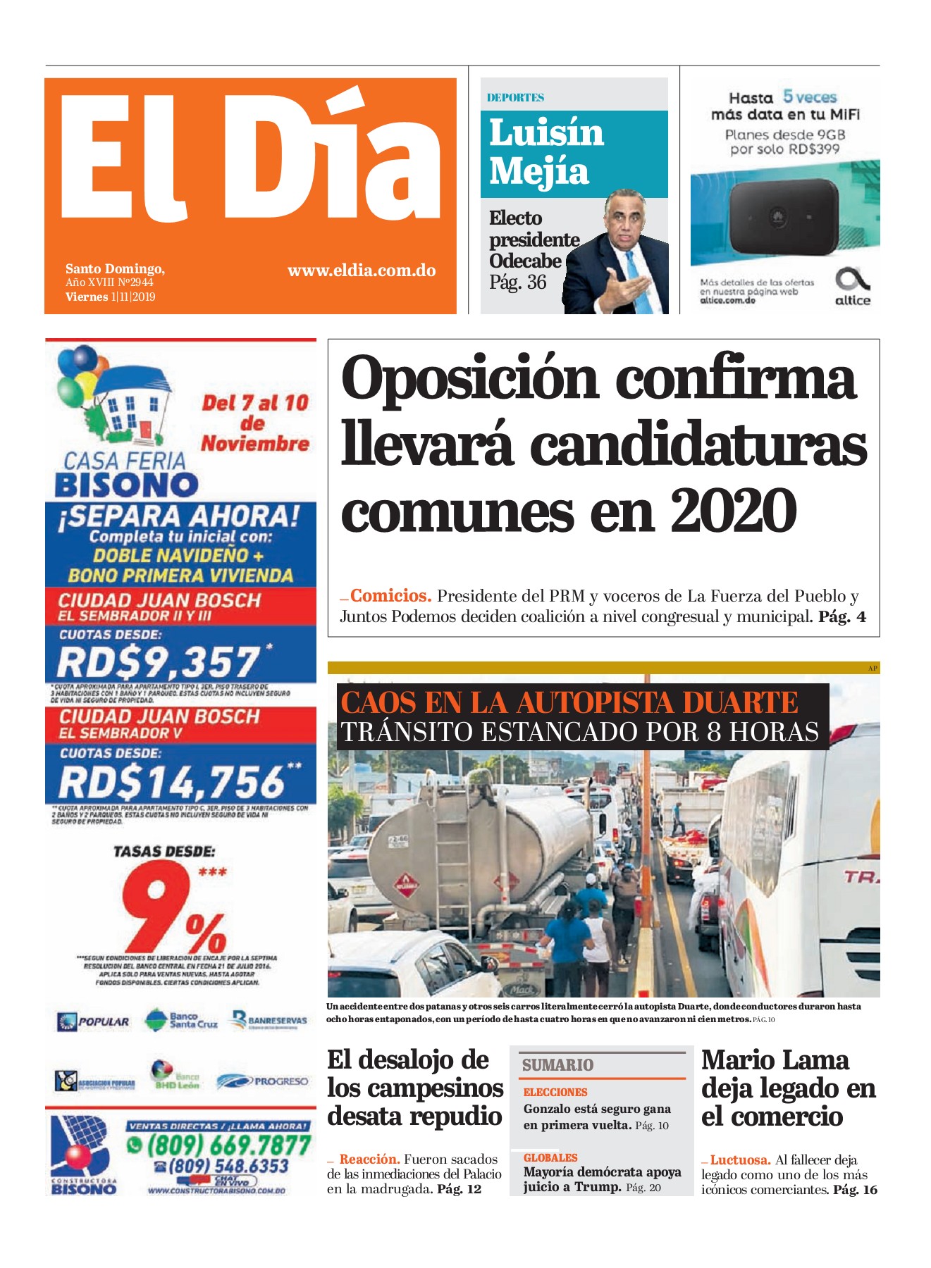 Portada Periódico El Día, Viernes 01 de Noviembre, 2019