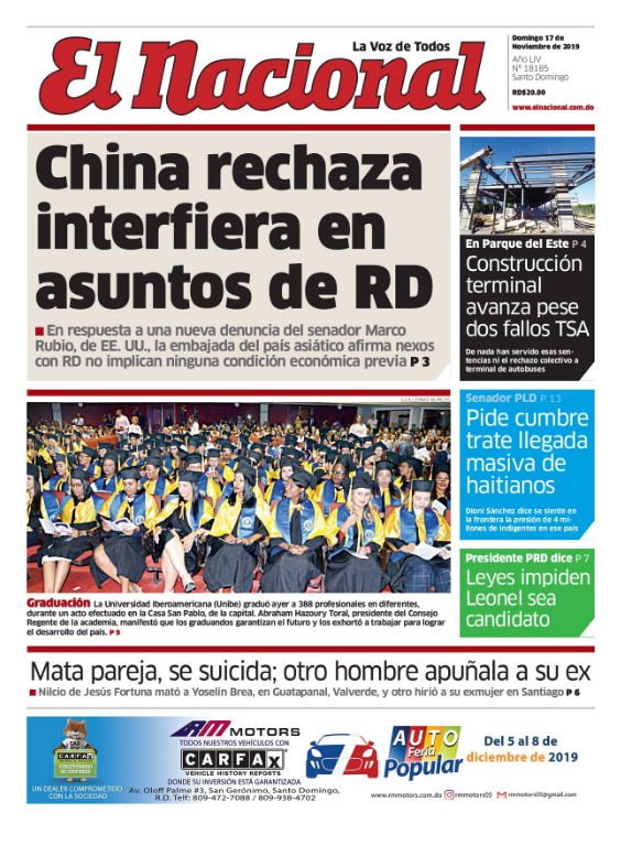 Portada Periódico El Nacional, Domingo 17 de Noviembre, 2019