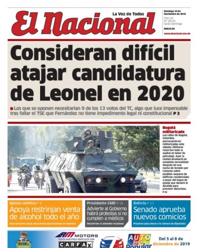 Portada Periódico El Nacional, Domingo 24 de Noviembre, 2019