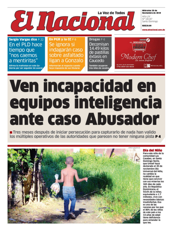 Portada Periódico El Nacional, Jueves 20 de Noviembre, 2019