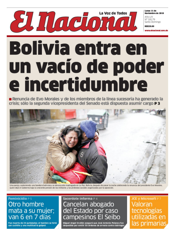Portada Periódico El Nacional, Lunes 11 de Noviembre, 2019
