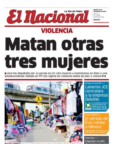 Portada Periódico El Nacional, Martes 12 de Noviembre, 2019