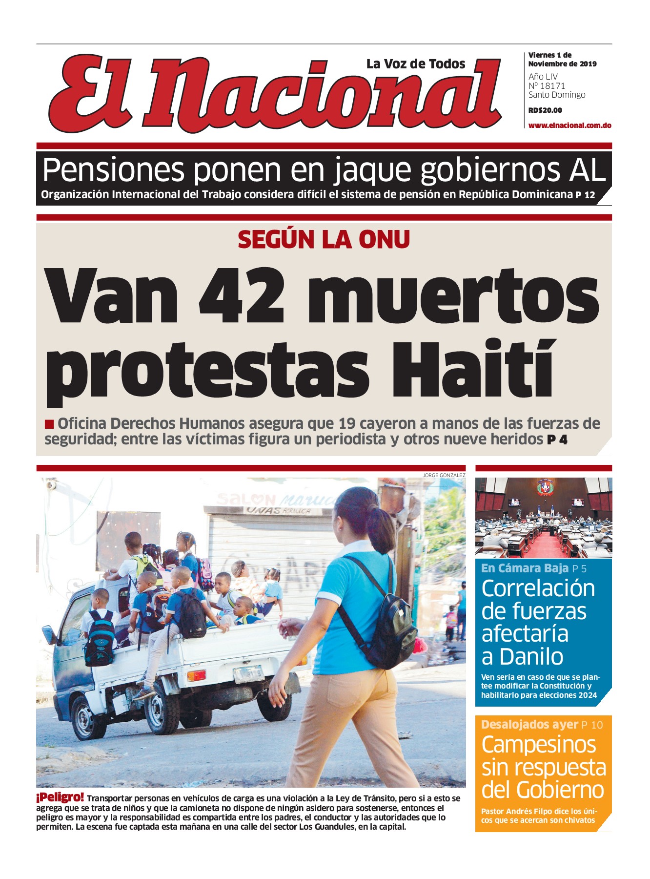 Portada Periódico El Nacional, Viernes 01 de Noviembre, 2019