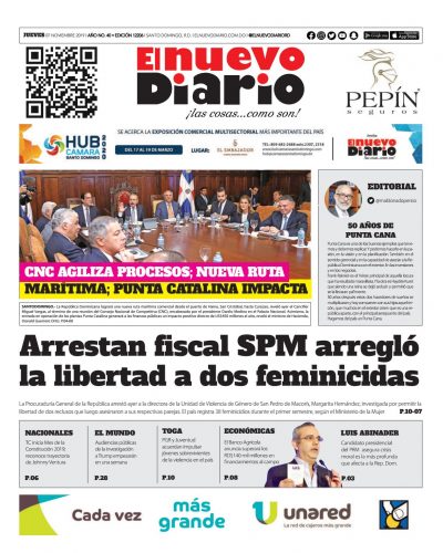 Portada Periódico El Nuevo Diario, Jueves 07 de Noviembre, 2019