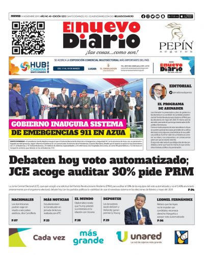 Portada Periódico El Nuevo Diario, Jueves 14 de Noviembre, 2019