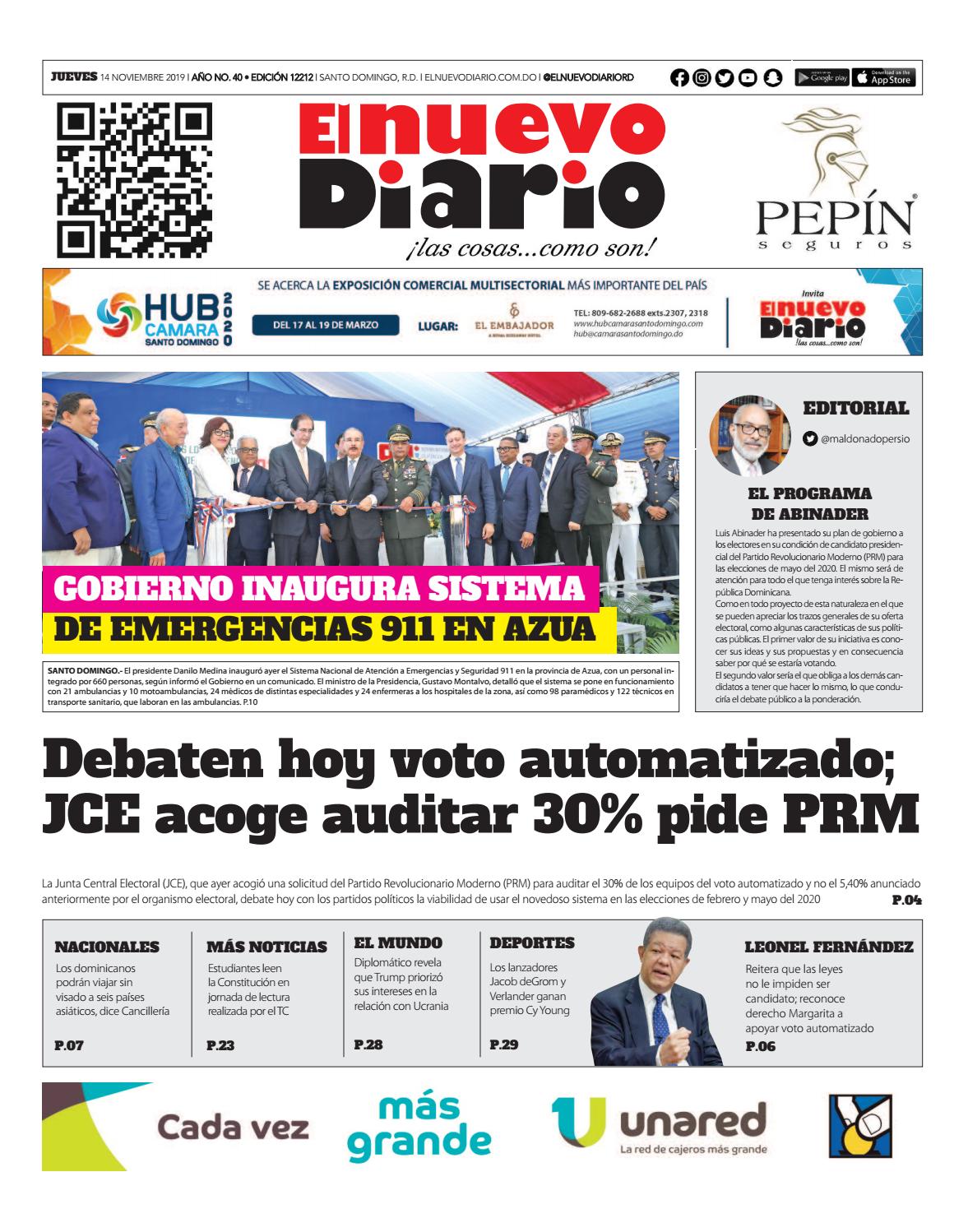 Portada Periódico El Nuevo Diario, Jueves 14 de Noviembre, 2019