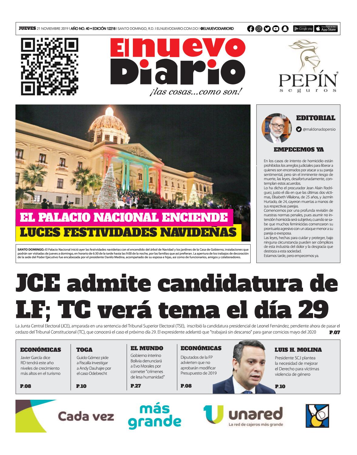 Portada Periódico El Nuevo Diario, Jueves 21 de Noviembre, 2019