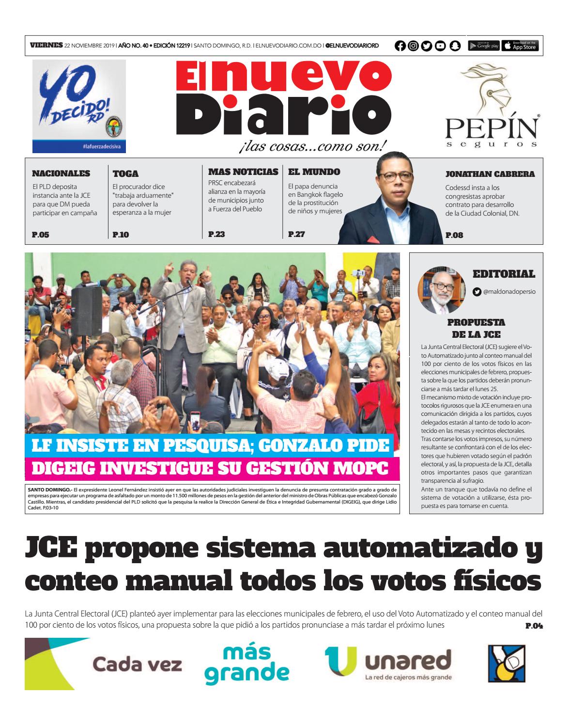 Portada Periódico El Nuevo Diario, Jueves 22 de Noviembre, 2019